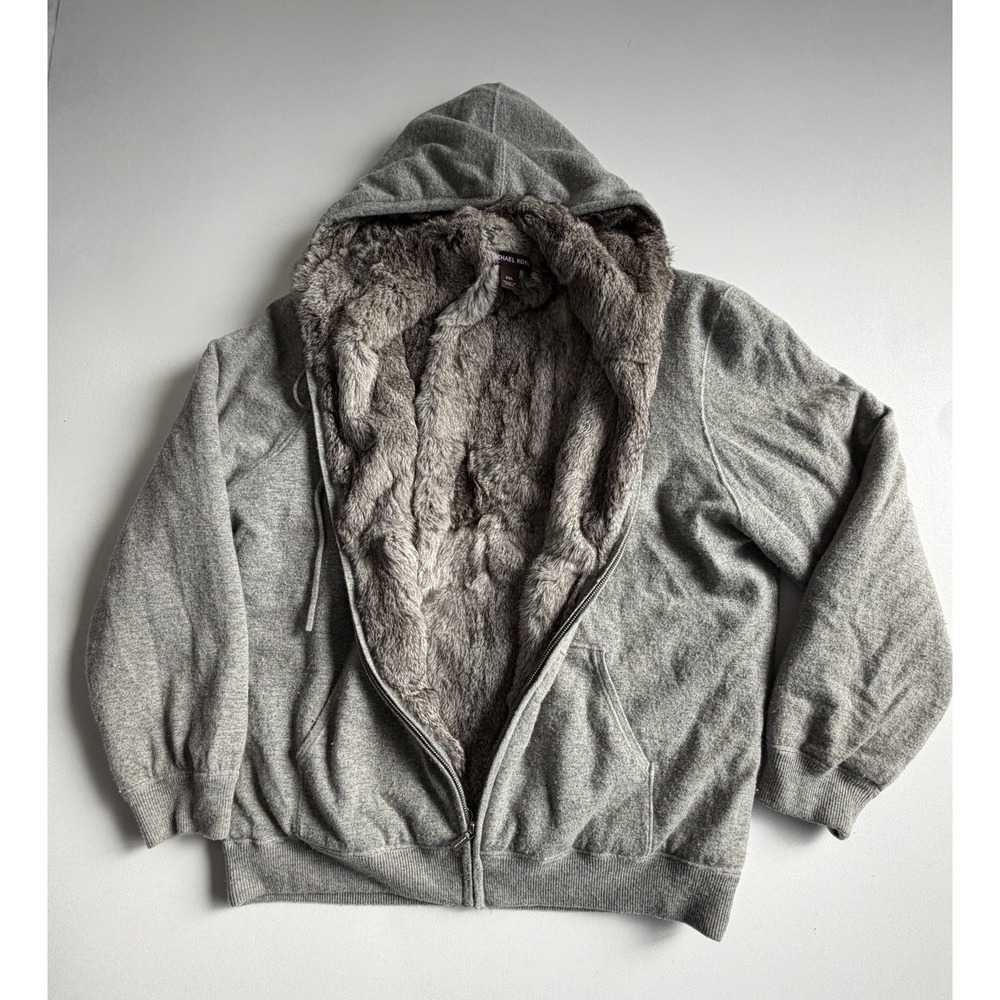 Michael Kors Wool Cashmere Rabbit Fur Lined Hooded Zip Jacket Gray XXL Gray